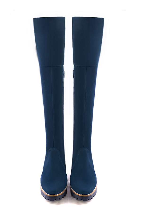 Navy blue women's leather thigh-high boots. Round toe. Low rubber soles. Made to measure. Top view - Florence KOOIJMAN